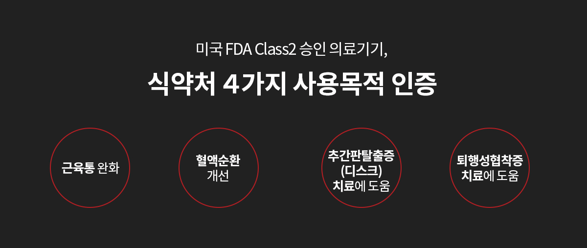 미국 FDA Class2 승인 의료기기, 식약처 4가지 사용목적 인증 - 근육통 완화, 혈액순환 개선, 추간판탈출증 치료에 도움, 퇴행성협착증 치료에 도움